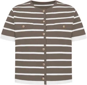 Omoone Womens Striped Cardigan Sweater Short Sleeve Lightweight Summer Button Down Cropped Knit Tops