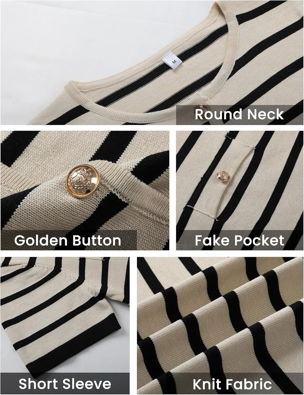 Omoone Womens Striped Cardigan Sweater Short Sleeve Lightweight Summer Button Down Cropped Knit Tops