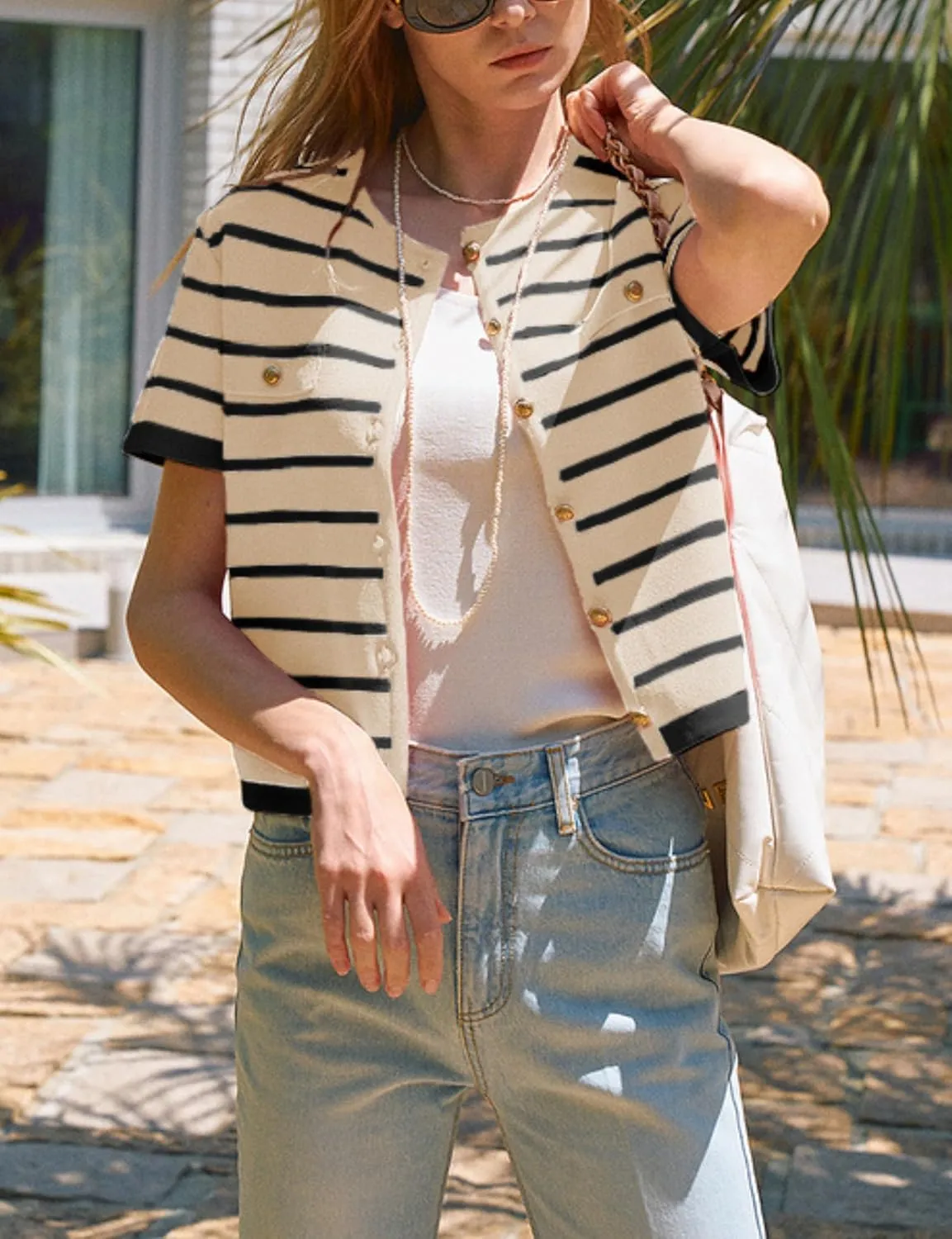 Omoone Womens Striped Cardigan Sweater Short Sleeve Lightweight Summer Button Down Cropped Knit Tops