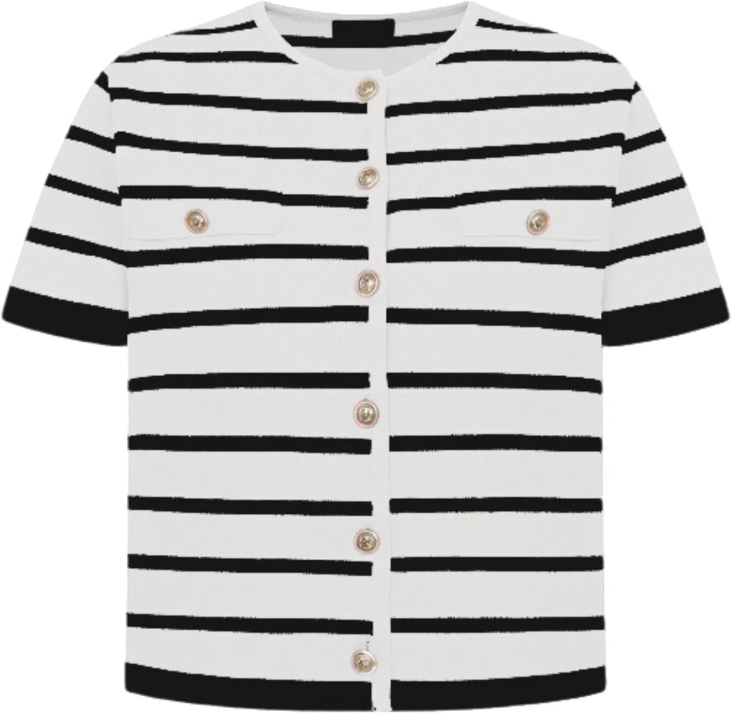Omoone Womens Striped Cardigan Sweater Short Sleeve Lightweight Summer Button Down Cropped Knit Tops