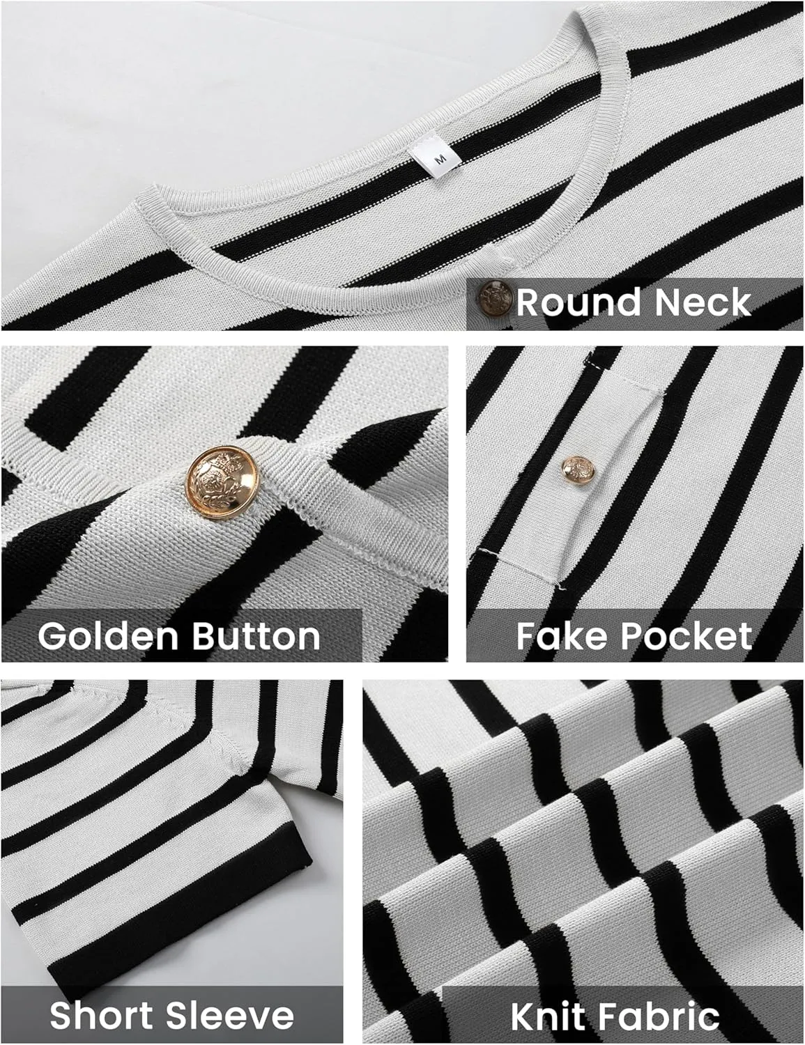 Omoone Womens Striped Cardigan Sweater Short Sleeve Lightweight Summer Button Down Cropped Knit Tops