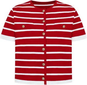 Omoone Womens Striped Cardigan Sweater Short Sleeve Lightweight Summer Button Down Cropped Knit Tops