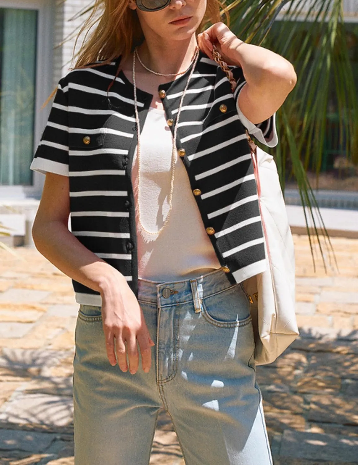 Omoone Womens Striped Cardigan Sweater Short Sleeve Lightweight Summer Button Down Cropped Knit Tops