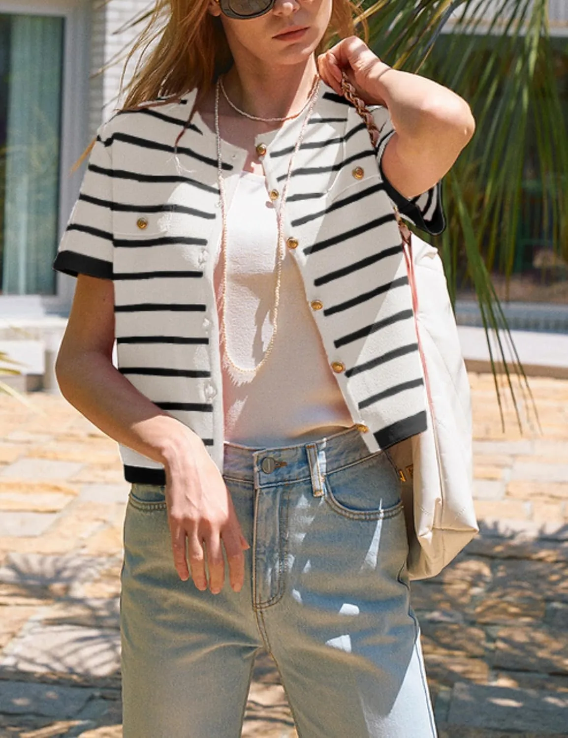 Omoone Womens Striped Cardigan Sweater Short Sleeve Lightweight Summer Button Down Cropped Knit Tops