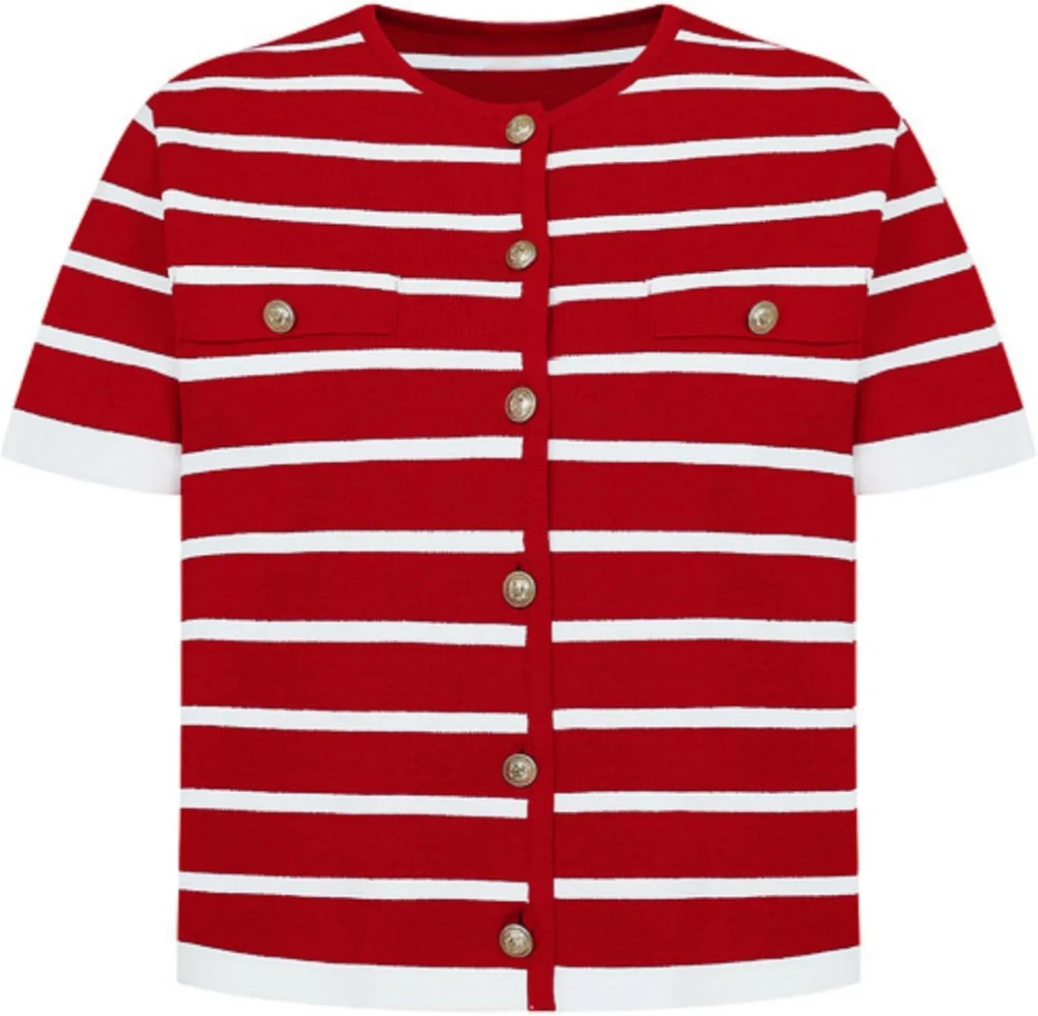 Omoone Womens Striped Cardigan Sweater Short Sleeve Lightweight Summer Button Down Cropped Knit Tops
