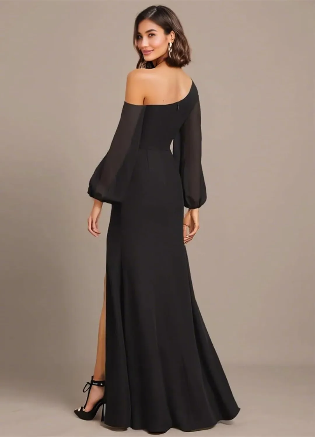 One Shoulder Bridesmaid Dresses for Women Chiffon Long Sleeve Formal Dresses Evening Gown with Slit