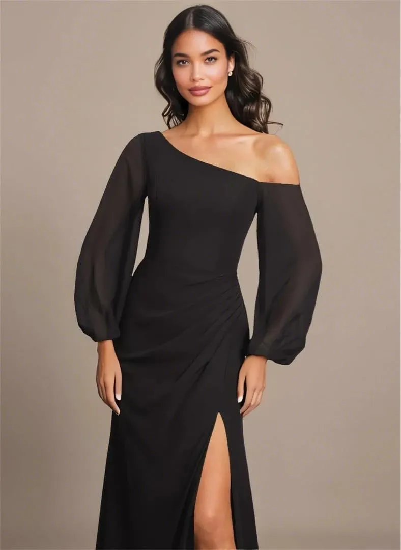 One Shoulder Bridesmaid Dresses for Women Chiffon Long Sleeve Formal Dresses Evening Gown with Slit