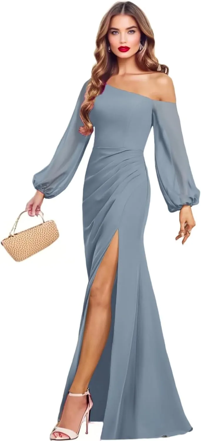 One Shoulder Bridesmaid Dresses for Women Chiffon Long Sleeve Formal Dresses Evening Gown with Slit