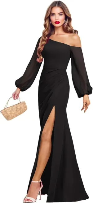 One Shoulder Bridesmaid Dresses for Women Chiffon Long Sleeve Formal Dresses Evening Gown with Slit