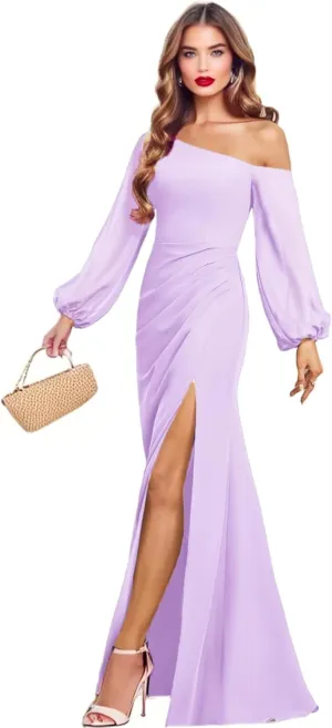 One Shoulder Bridesmaid Dresses for Women Chiffon Long Sleeve Formal Dresses Evening Gown with Slit