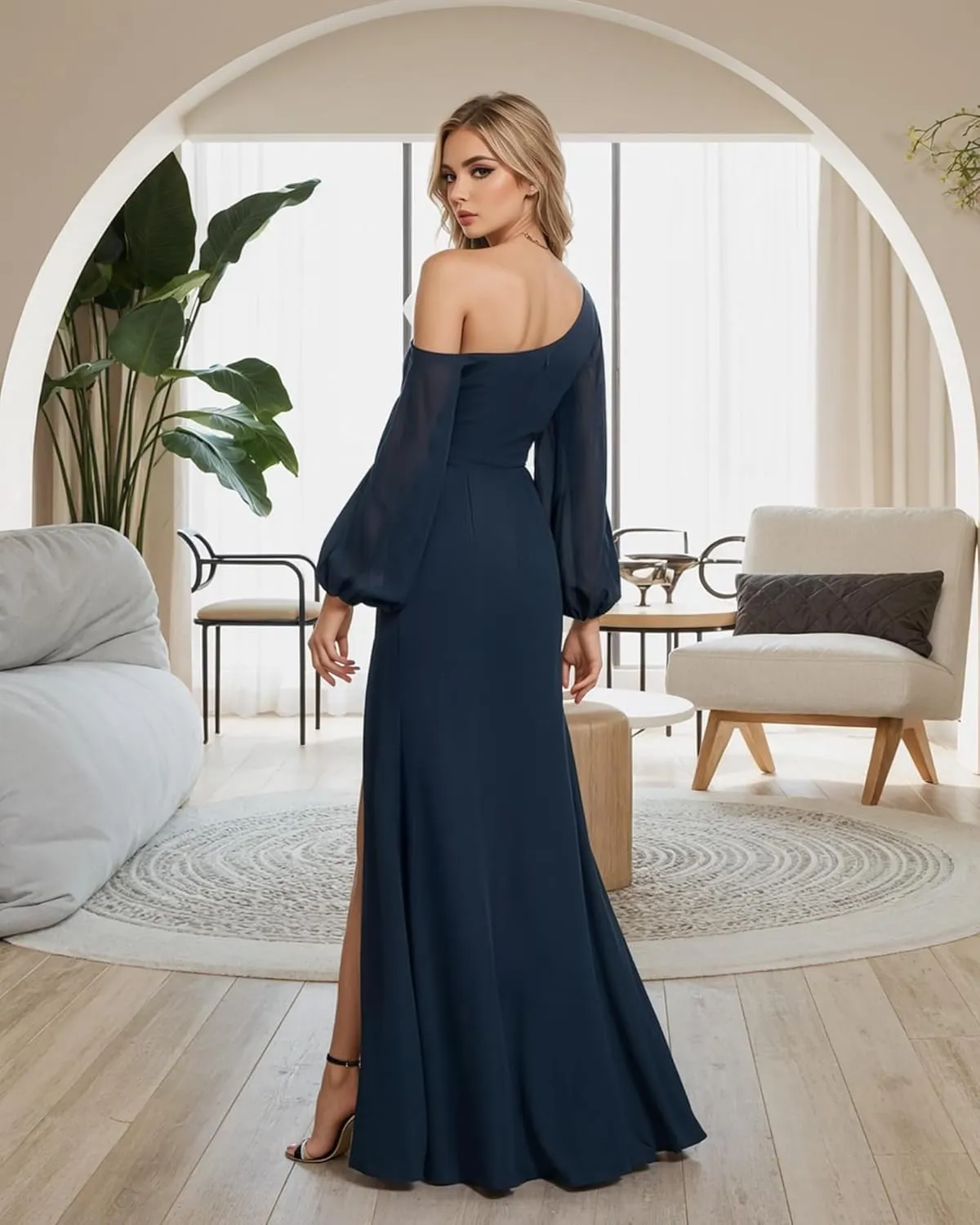 One Shoulder Bridesmaid Dresses for Women Chiffon Long Sleeve Wedding Guest Dresses Formal Evening Dress with Slit