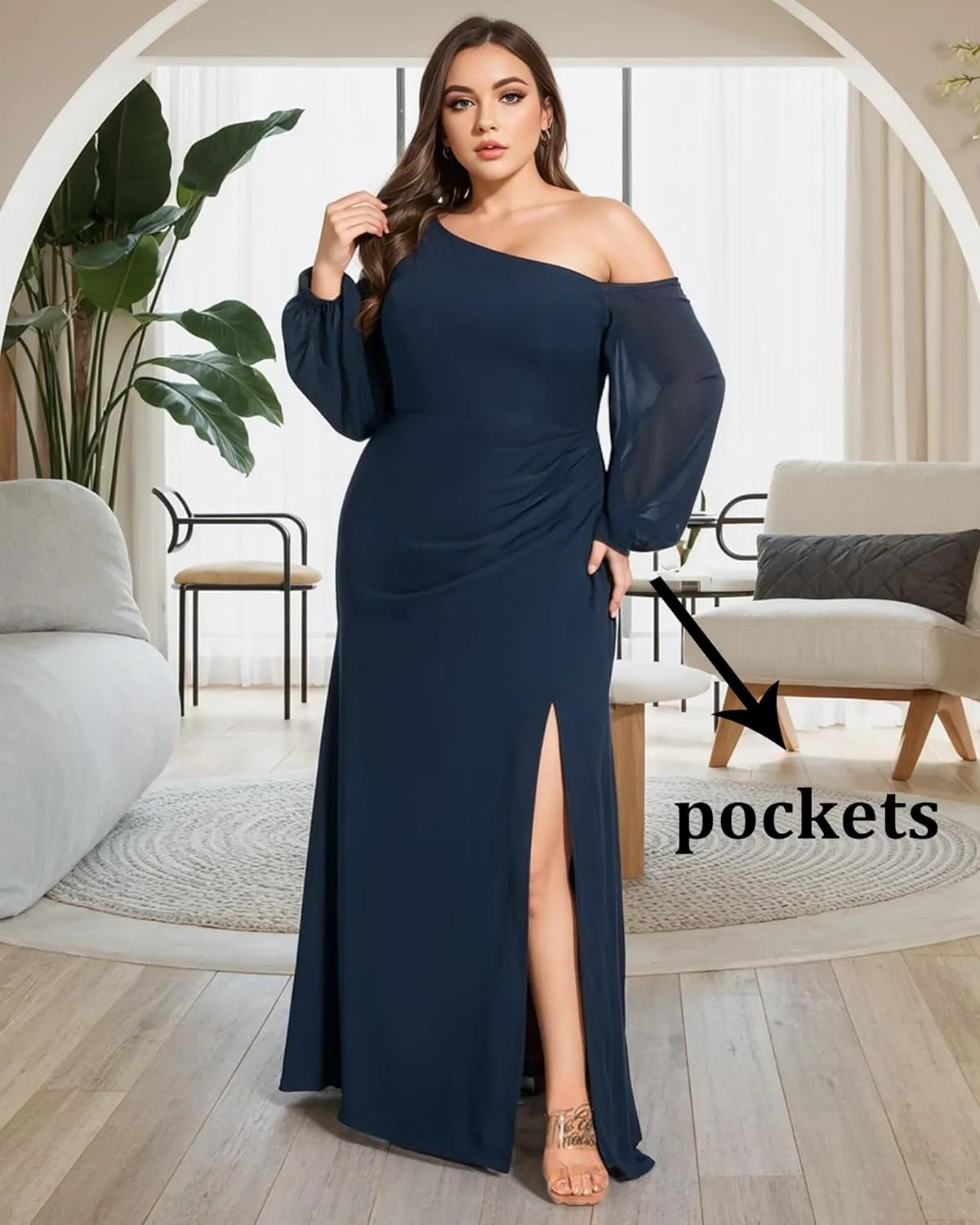 One Shoulder Bridesmaid Dresses for Women Chiffon Long Sleeve Wedding Guest Dresses Formal Evening Dress with Slit