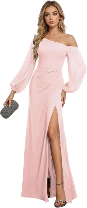One Shoulder Bridesmaid Dresses for Women Chiffon Long Sleeve Wedding Guest Dresses Formal Evening Dress with Slit