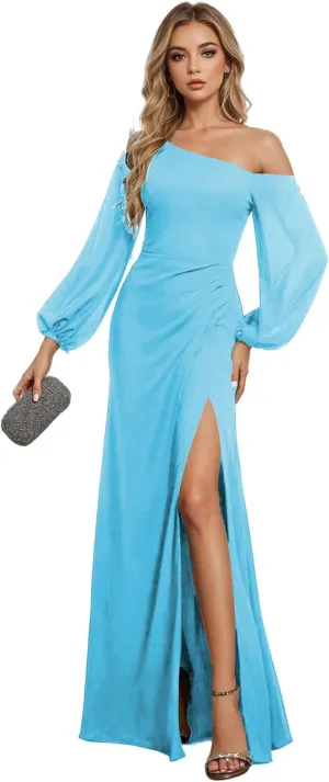 One Shoulder Bridesmaid Dresses for Women Chiffon Long Sleeve Wedding Guest Dresses Formal Evening Dress with Slit