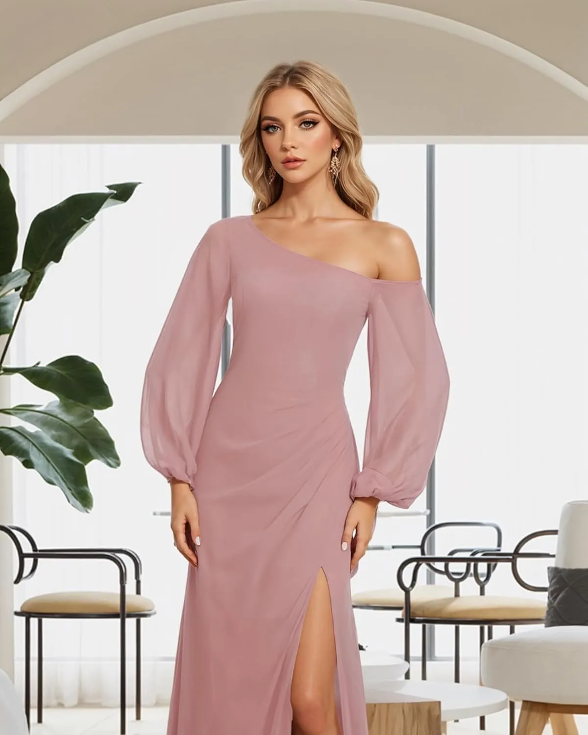 One Shoulder Bridesmaid Dresses for Women Chiffon Long Sleeve Wedding Guest Dresses Formal Evening Dress with Slit