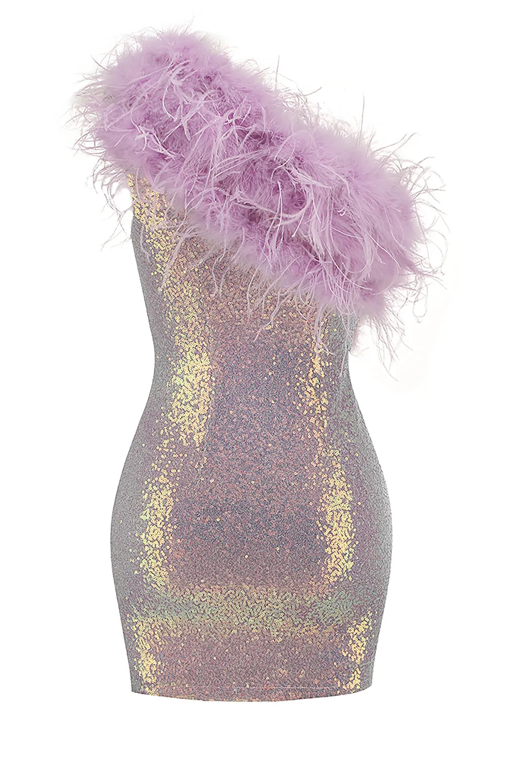 One Shoulder Sequins Feather-Trim Mini Dress