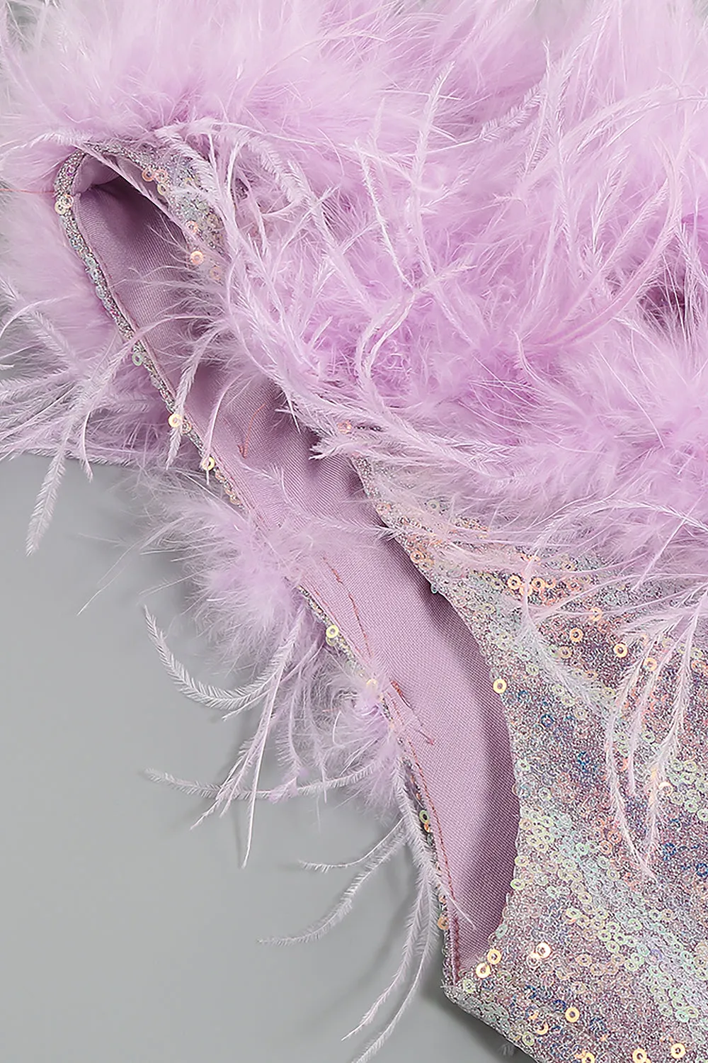 One Shoulder Sequins Feather-Trim Mini Dress