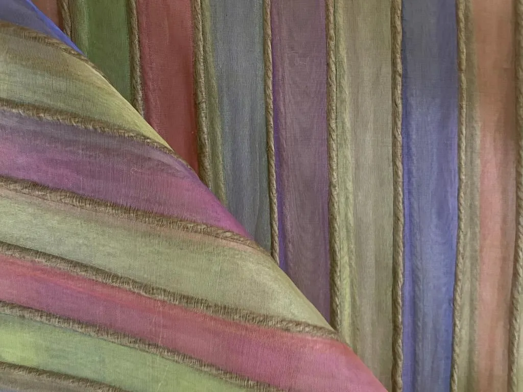Organza silk fabric multi color stripe selvidge to selvidge vertical 44" wide with jute rope [9809]