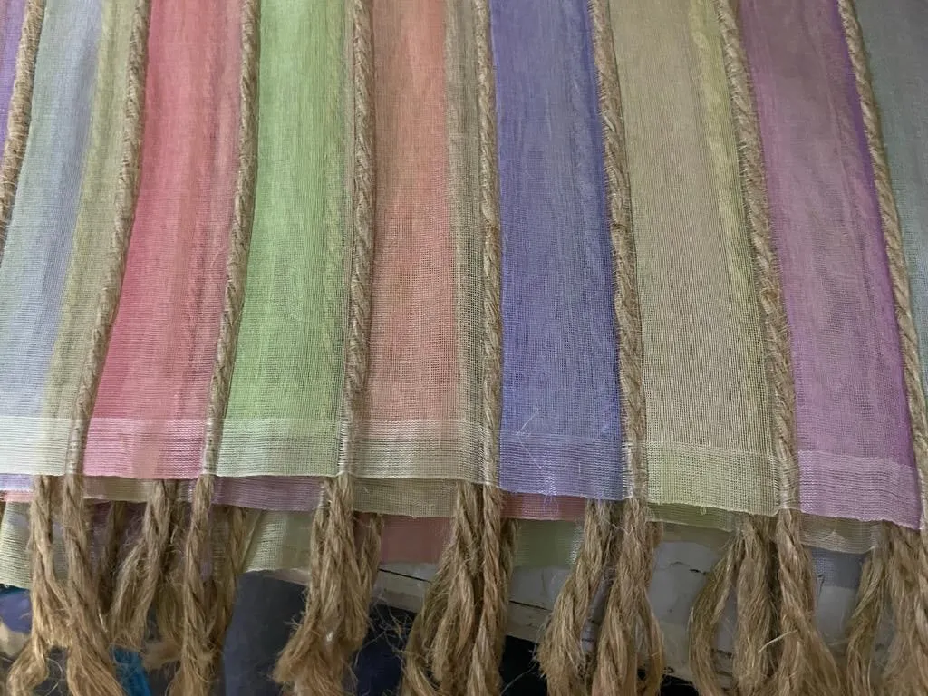 Organza silk fabric multi color stripe selvidge to selvidge vertical 44" wide with jute rope [9809]