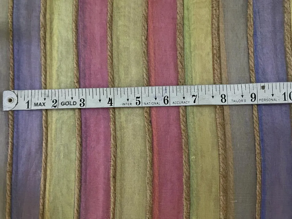 Organza silk fabric multi color stripe selvidge to selvidge vertical 44" wide with jute rope [9809]