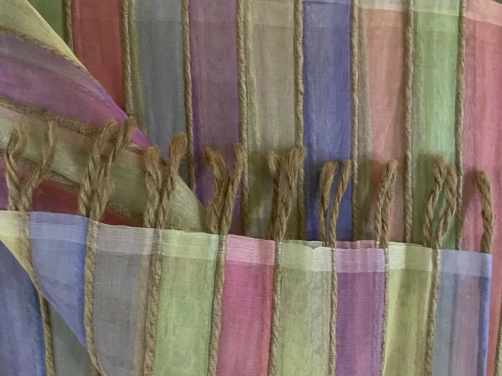 Organza silk fabric multi color stripe selvidge to selvidge vertical 44" wide with jute rope [9809]