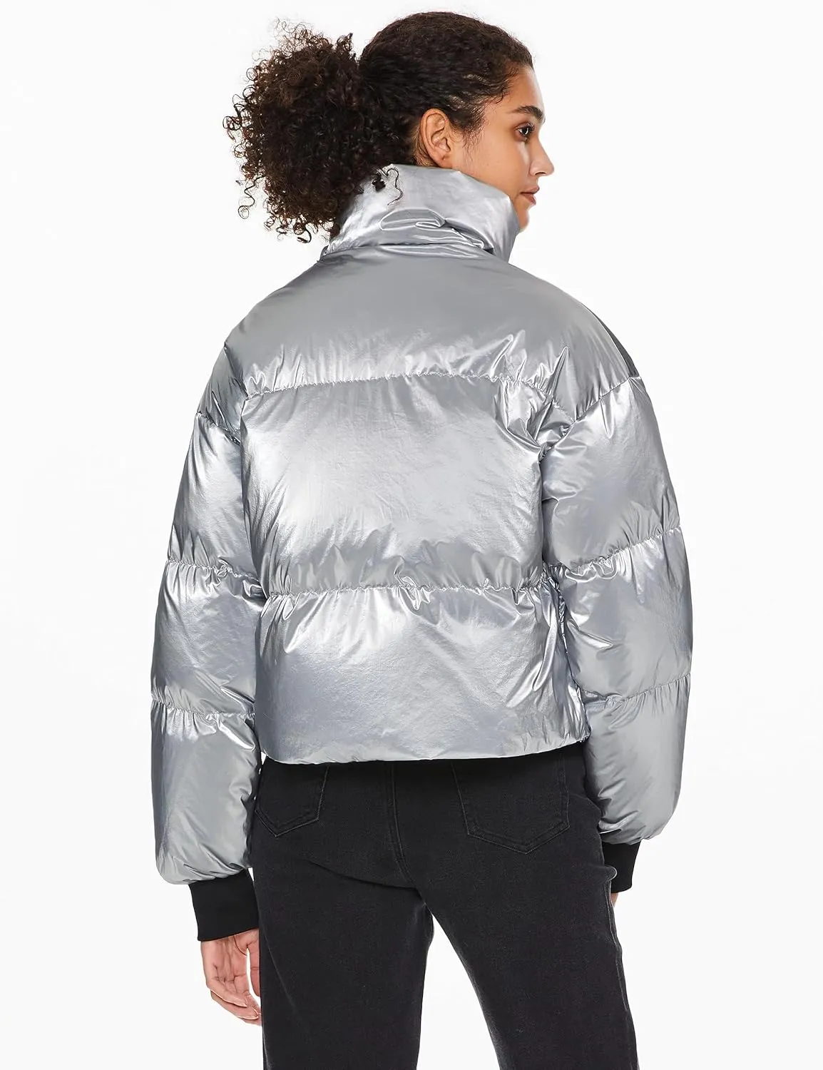 Orolay Shiny Cropped Winter Puffer Jacket for Women Metallic Quilted Down Coat Zip Up