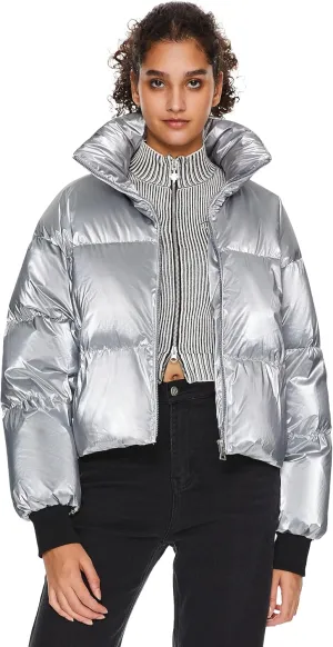 Orolay Shiny Cropped Winter Puffer Jacket for Women Metallic Quilted Down Coat Zip Up