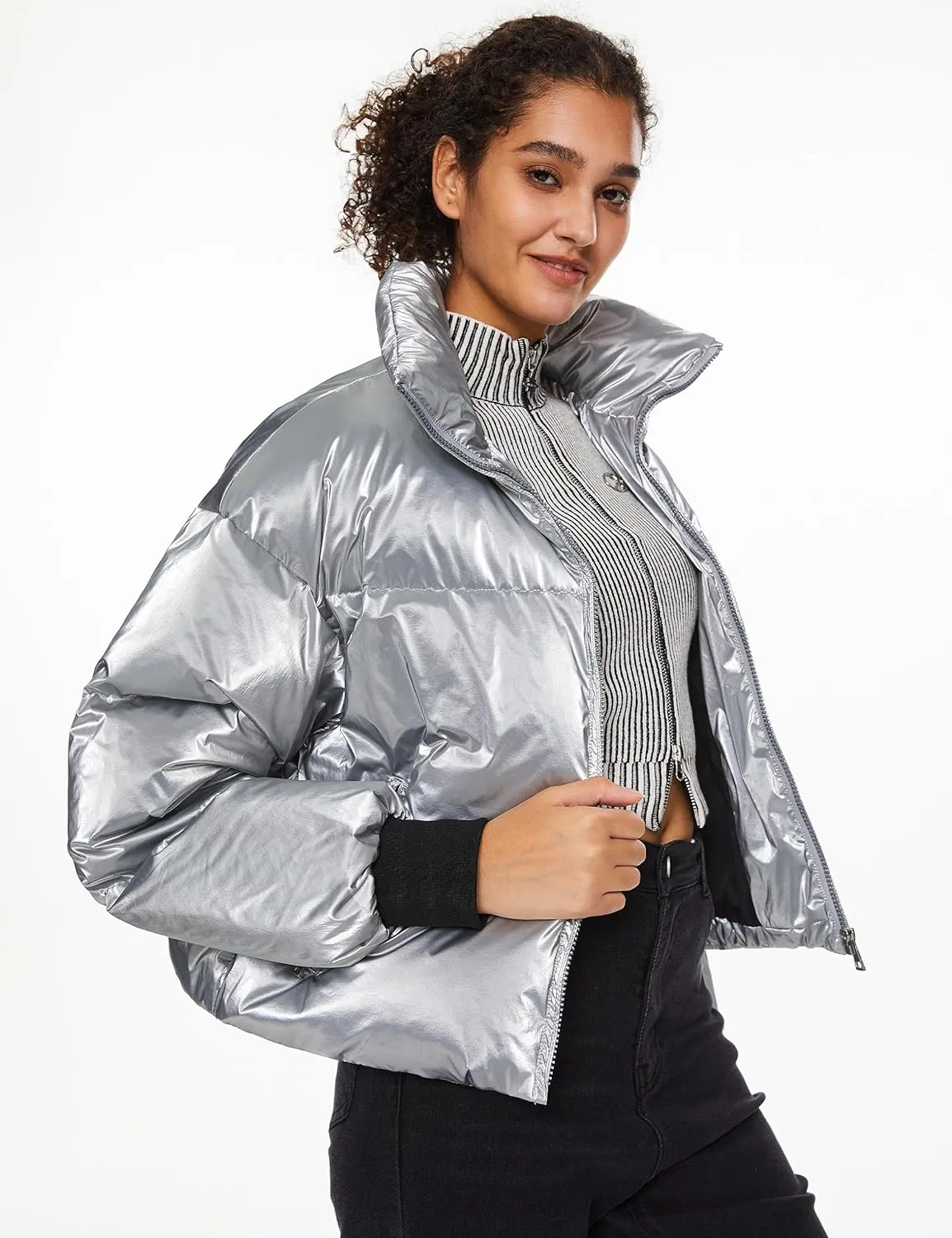 Orolay Shiny Cropped Winter Puffer Jacket for Women Metallic Quilted Down Coat Zip Up
