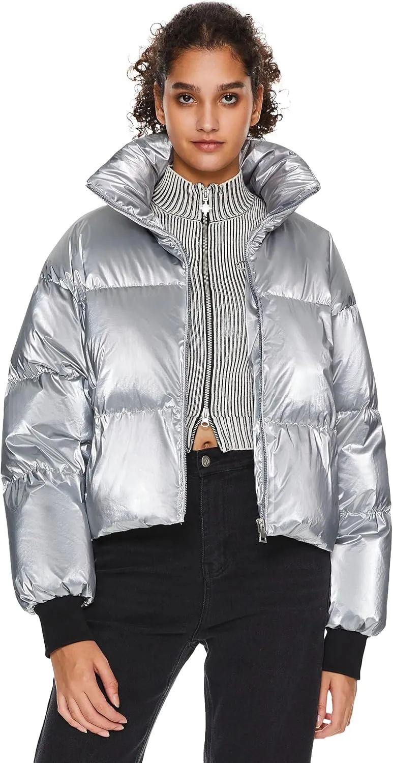 Orolay Shiny Cropped Winter Puffer Jacket for Women Metallic Quilted Down Coat Zip Up