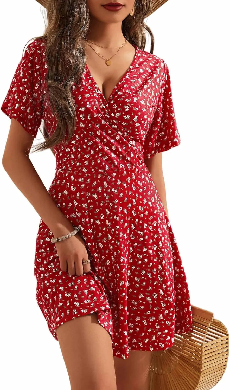OURIN Women's Wrap V Neck Ruffle Sleeve Sundress Floral Mini Summer Dresses with Pockets 2024