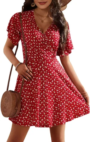 OURIN Women's Wrap V Neck Ruffle Sleeve Sundress Floral Mini Summer Dresses with Pockets 2024