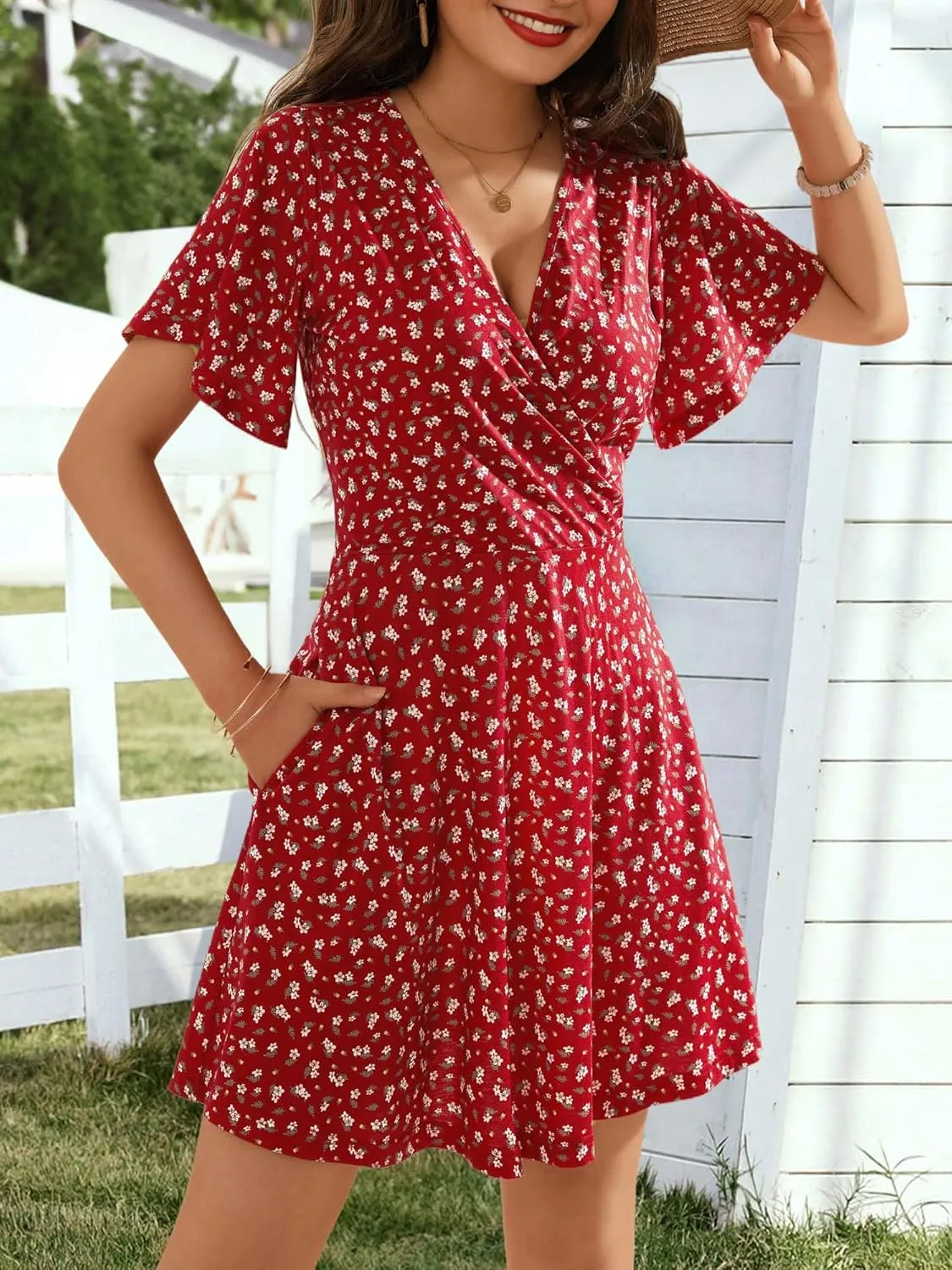 OURIN Women's Wrap V Neck Ruffle Sleeve Sundress Floral Mini Summer Dresses with Pockets 2024