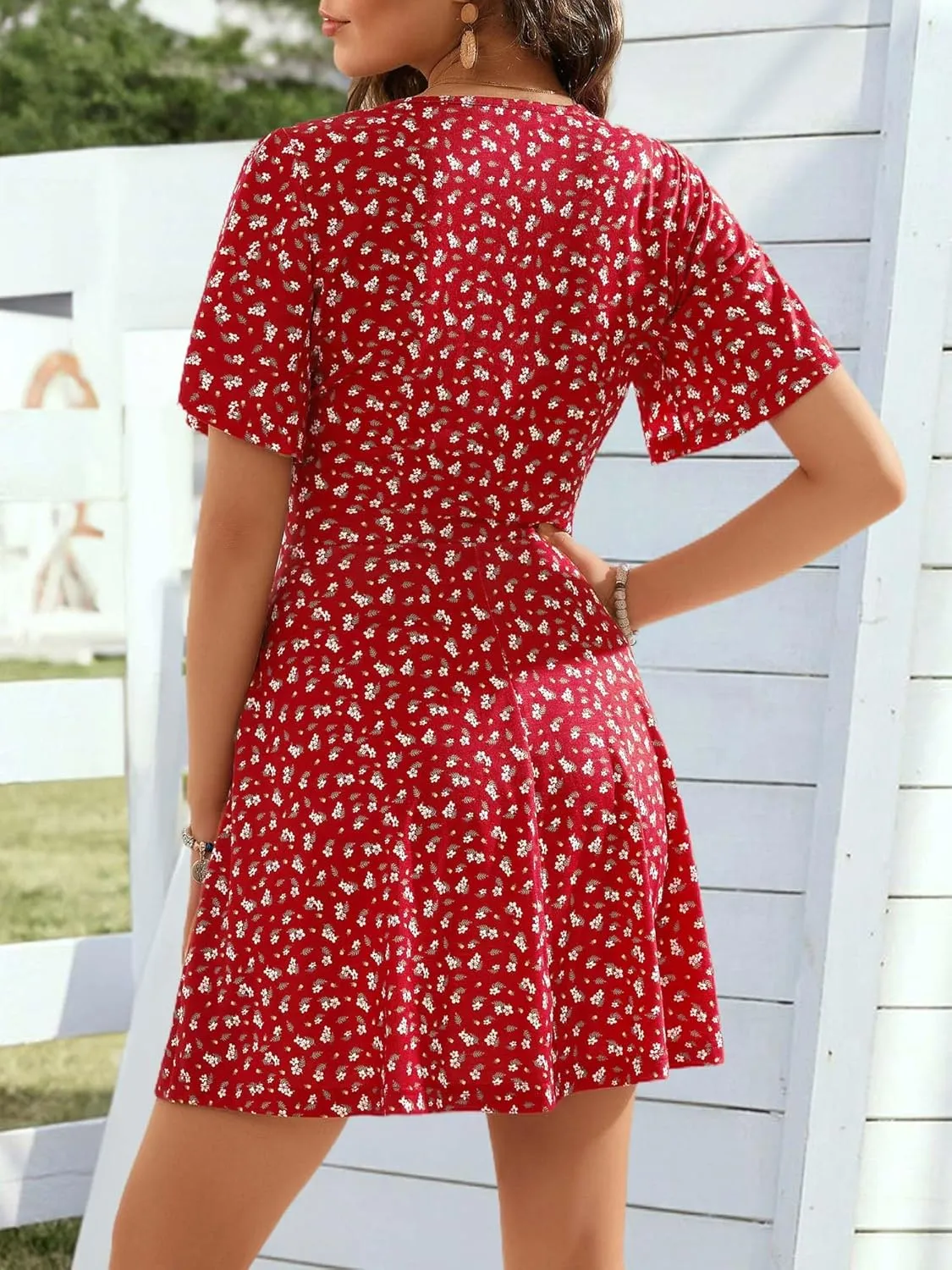OURIN Women's Wrap V Neck Ruffle Sleeve Sundress Floral Mini Summer Dresses with Pockets 2024