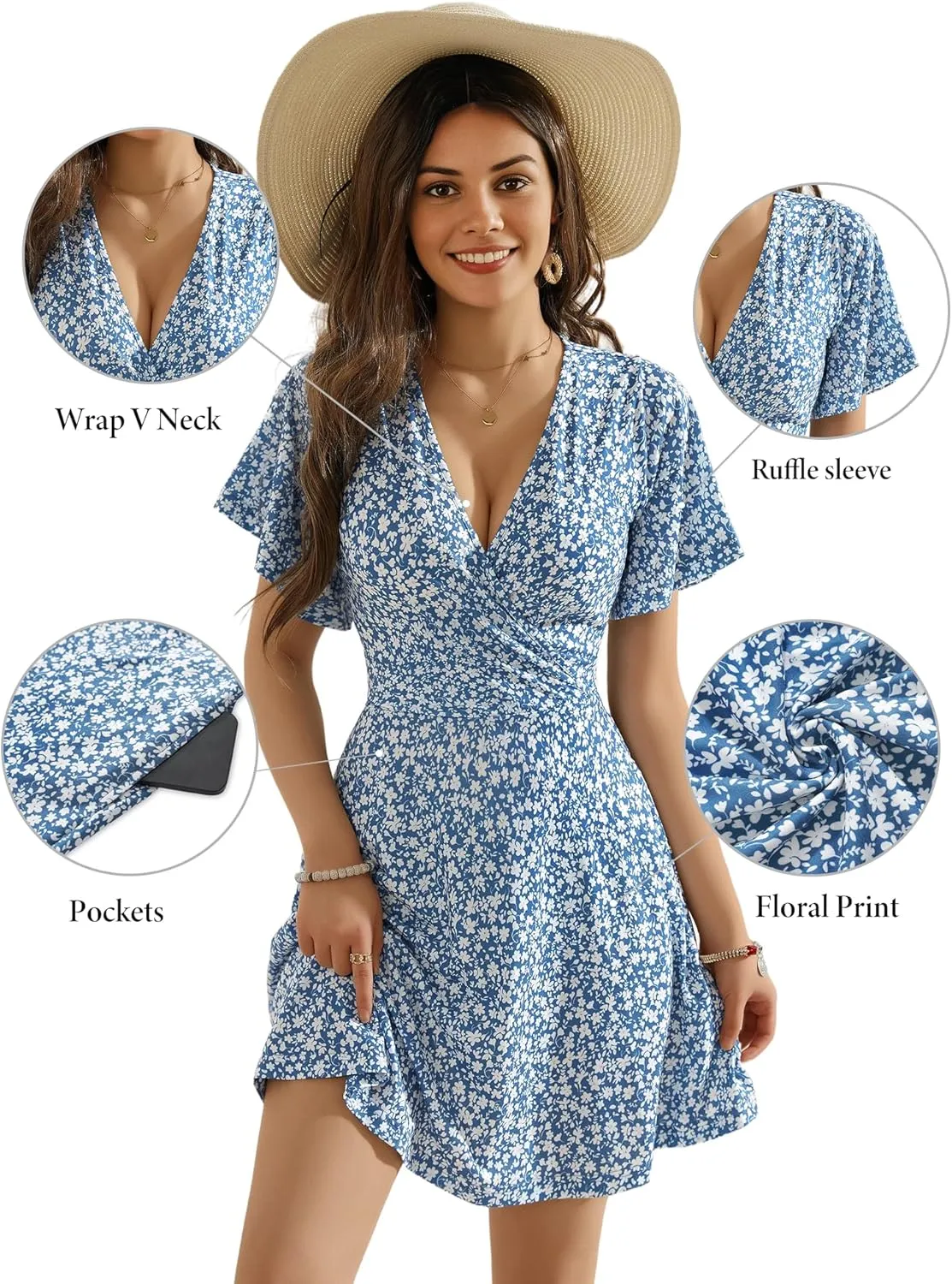 OURIN Women's Wrap V Neck Ruffle Sleeve Sundress Floral Mini Summer Dresses with Pockets 2024