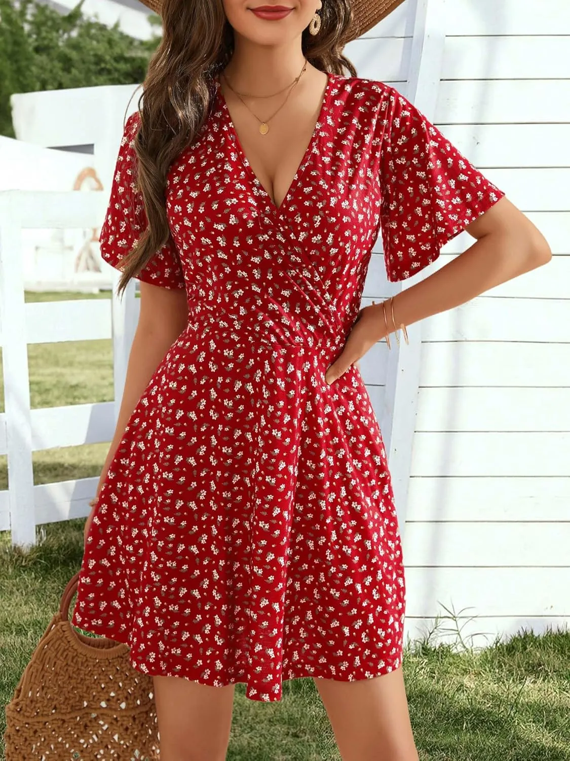 OURIN Women's Wrap V Neck Ruffle Sleeve Sundress Floral Mini Summer Dresses with Pockets 2024