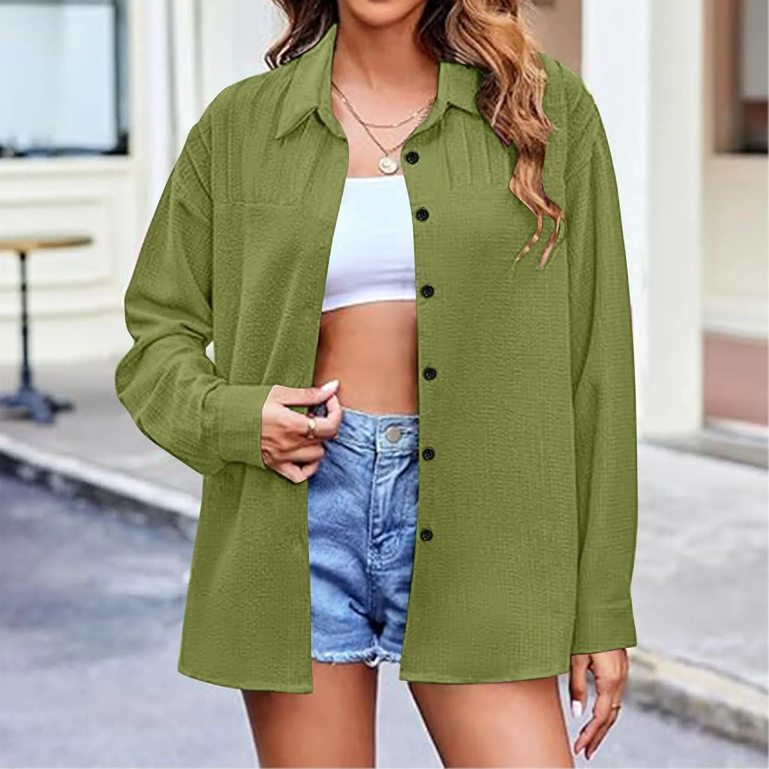 Oversized Tshirts for Women Long Sleeve V Neck Blouses Button Down Plain Shirts Girls Fashion Vacation Beach Tops