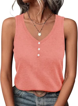 PGANDS Women's V Neck Tank Tops Casual Summer Button Down Sleeveless Shirts