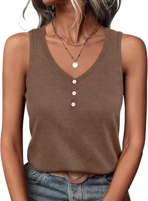 PGANDS Women's V Neck Tank Tops Casual Summer Button Down Sleeveless Shirts