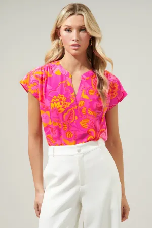 Pink/Orange Tropical Split Neck Top