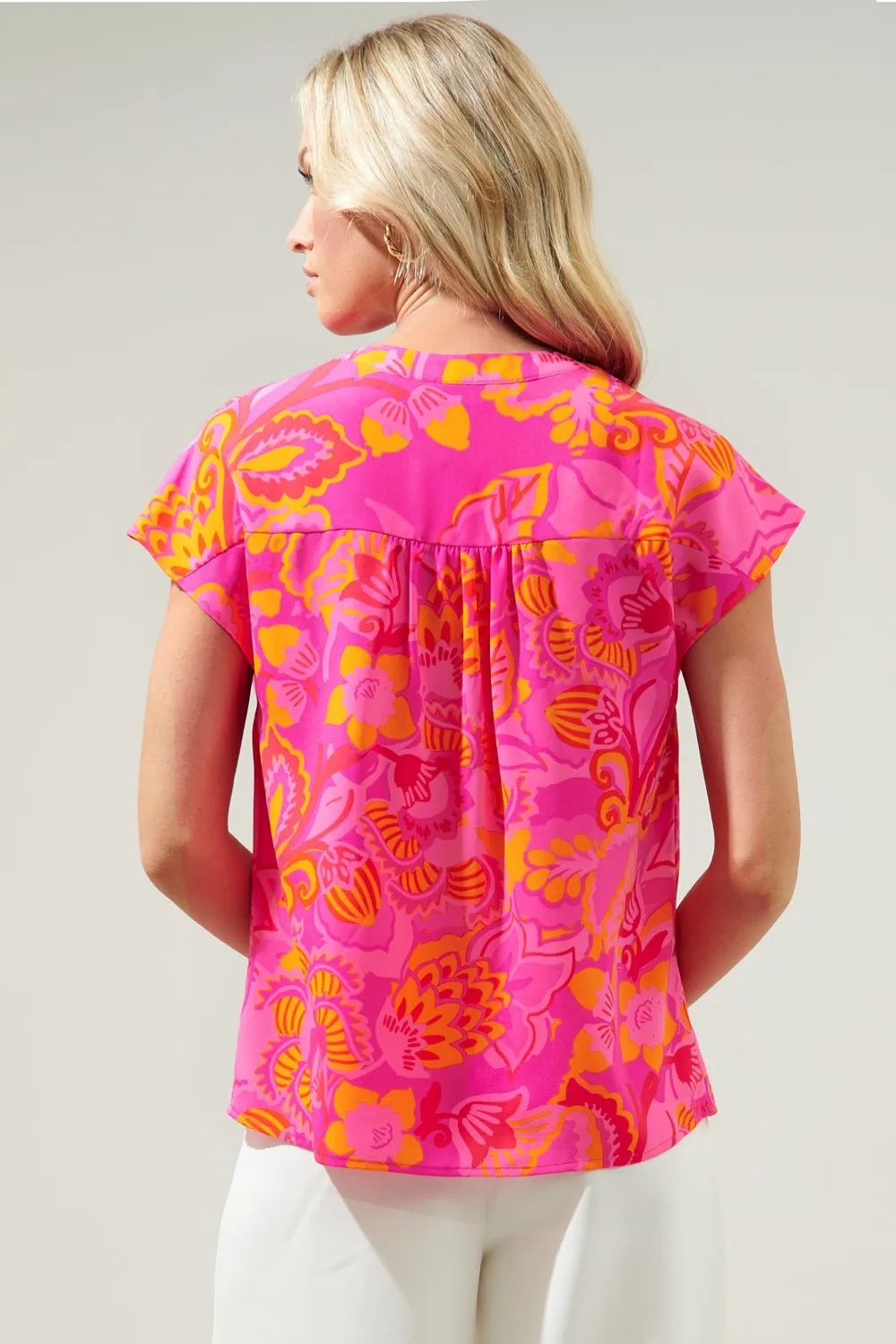 Pink/Orange Tropical Split Neck Top