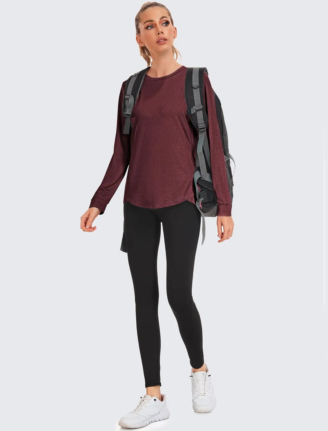 PINSPARK Long Sleeve Workout Tops for Women Crewneck Yoga Shirts Lightweight Athletic Gym Running Sport Casual T-Shirt