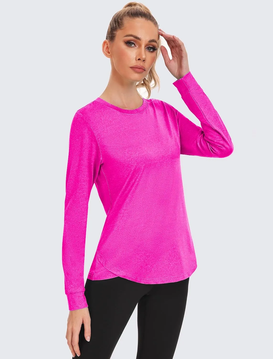PINSPARK Long Sleeve Workout Tops for Women Crewneck Yoga Shirts Lightweight Athletic Gym Running Sport Casual T-Shirt
