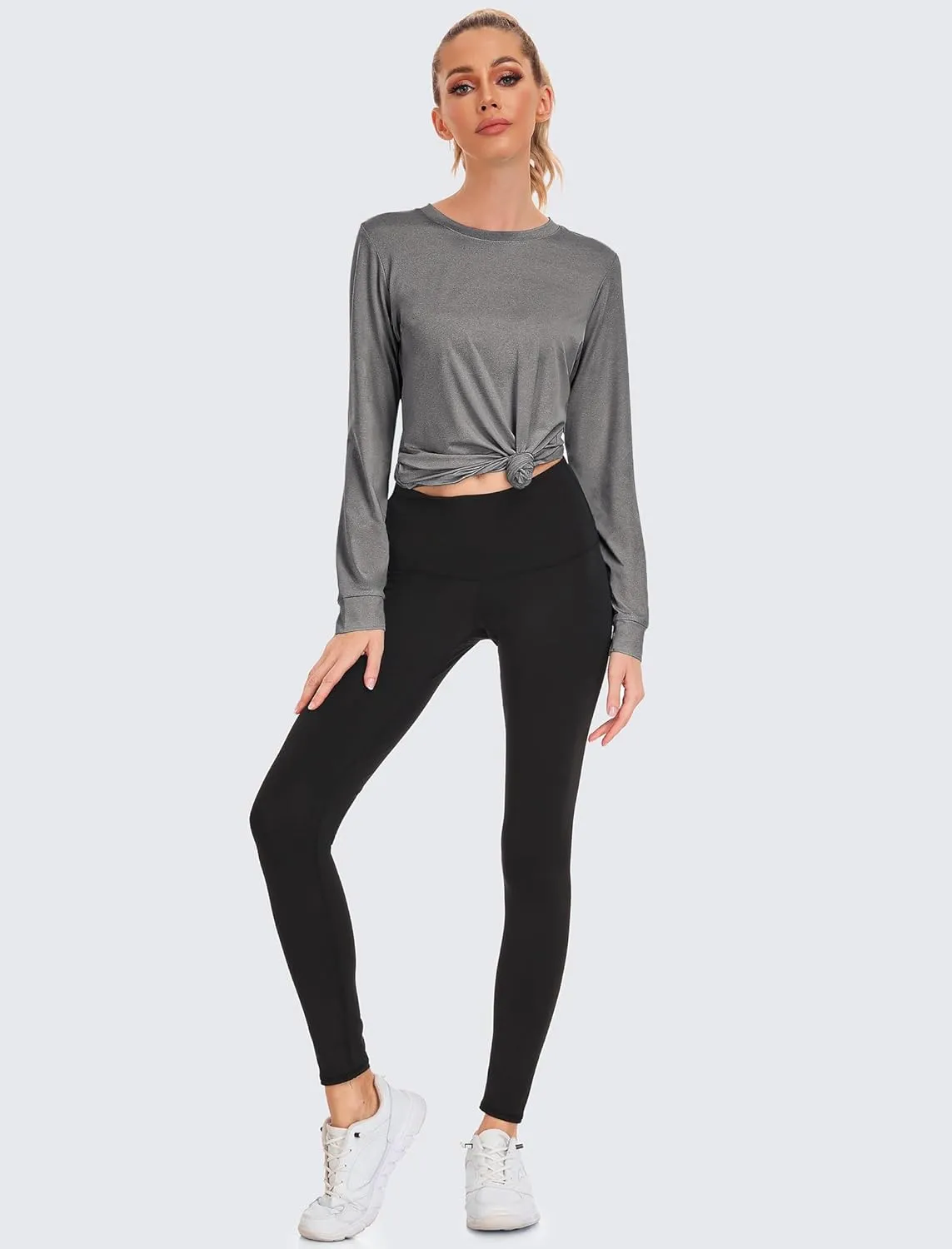 PINSPARK Long Sleeve Workout Tops for Women Crewneck Yoga Shirts Lightweight Athletic Gym Running Sport Casual T-Shirt