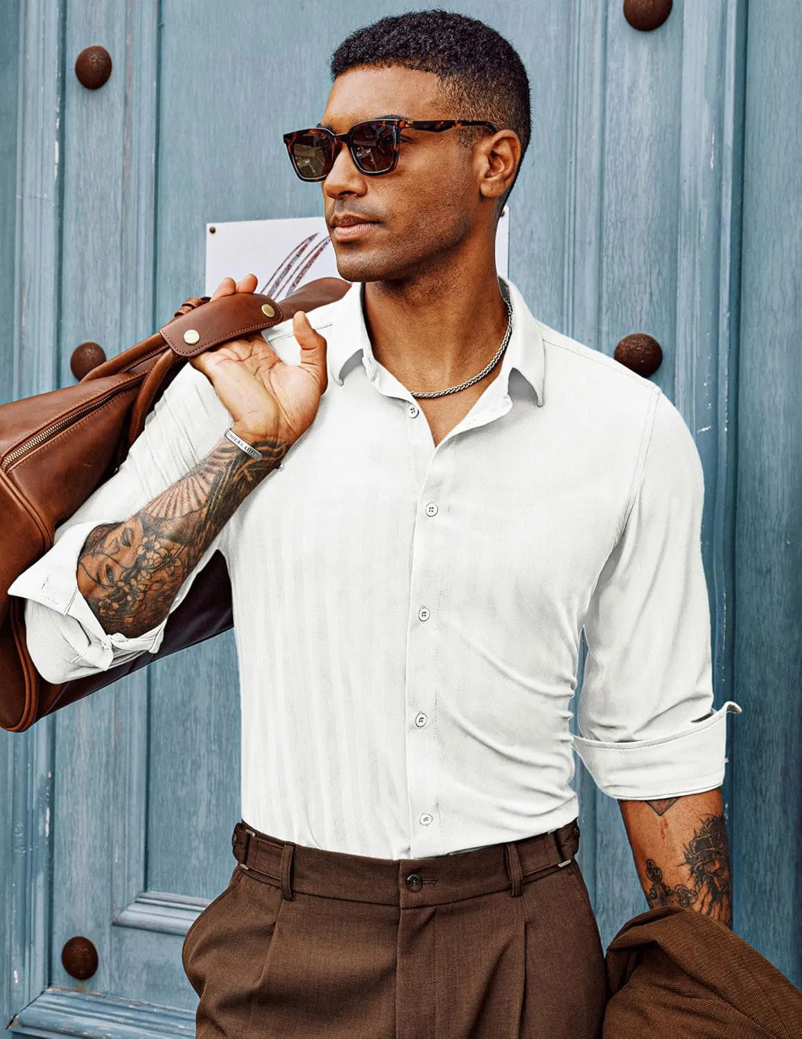 PJ PAUL JONES Men's Casual Stretch Shirts Wrinkle Free Herringbone Button Down Shirts Long Sleeve Dress Shirt