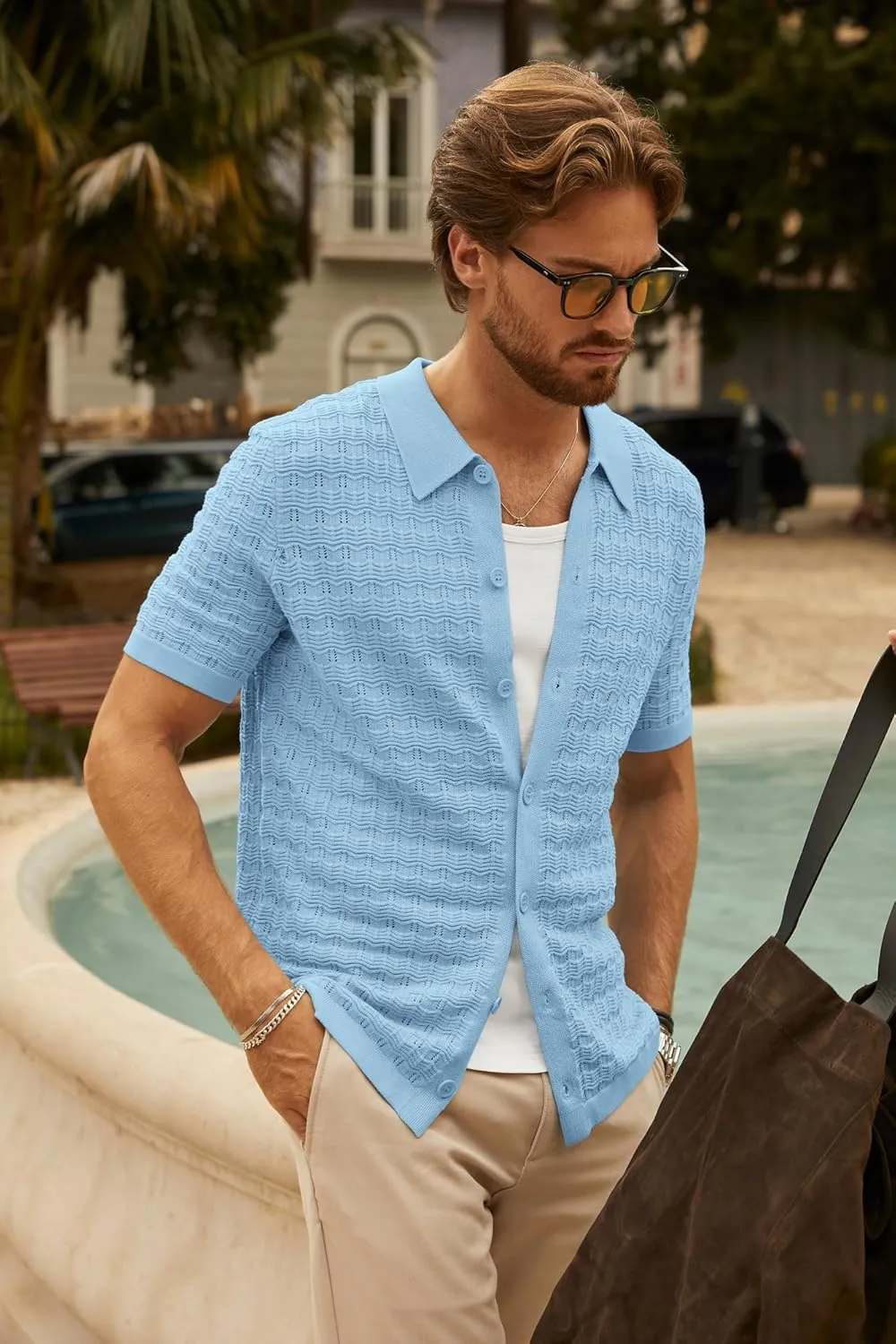 PJ PAUL JONES Men's Knit Shirts Short Sleeve Button Down Polo Shirt Fashion Casual Summer Beach Shirts