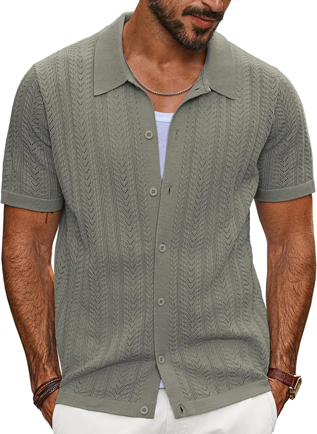 PJ PAUL JONES Men's Knit Shirts Short Sleeve Button Down Polo Shirt Fashion Casual Summer Beach Shirts