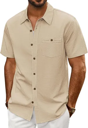 PJ PAUL JONES Mens Short Sleeve Button Down Shirts Summer Beach Shirts Untuckit Cotton Shirt with Pocket