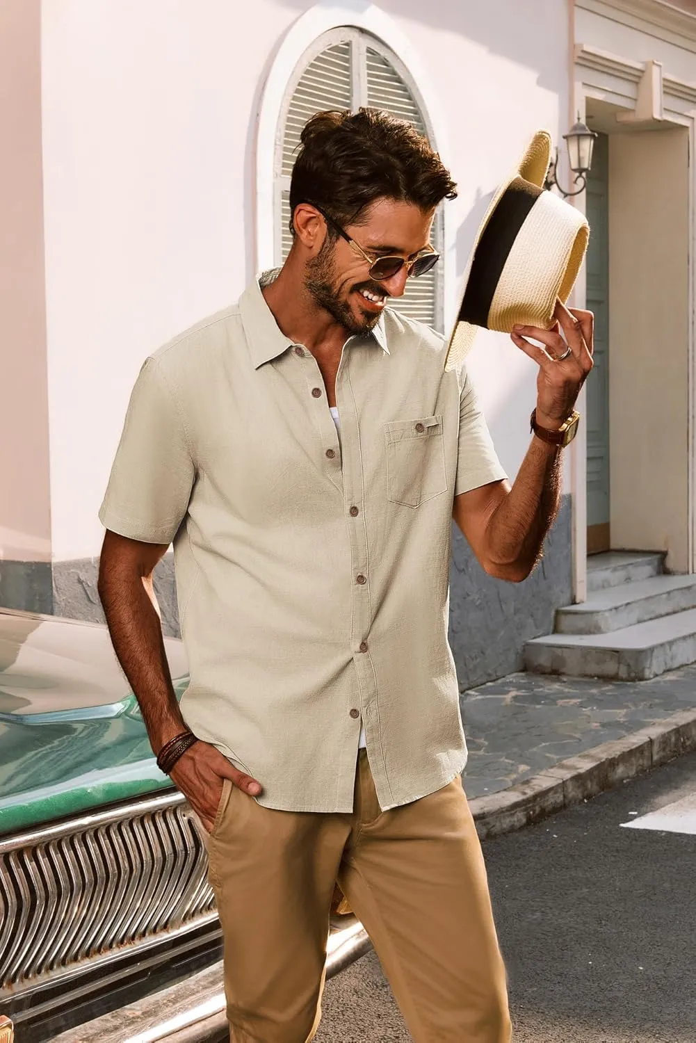 PJ PAUL JONES Mens Short Sleeve Button Down Shirts Summer Beach Shirts Untuckit Cotton Shirt with Pocket