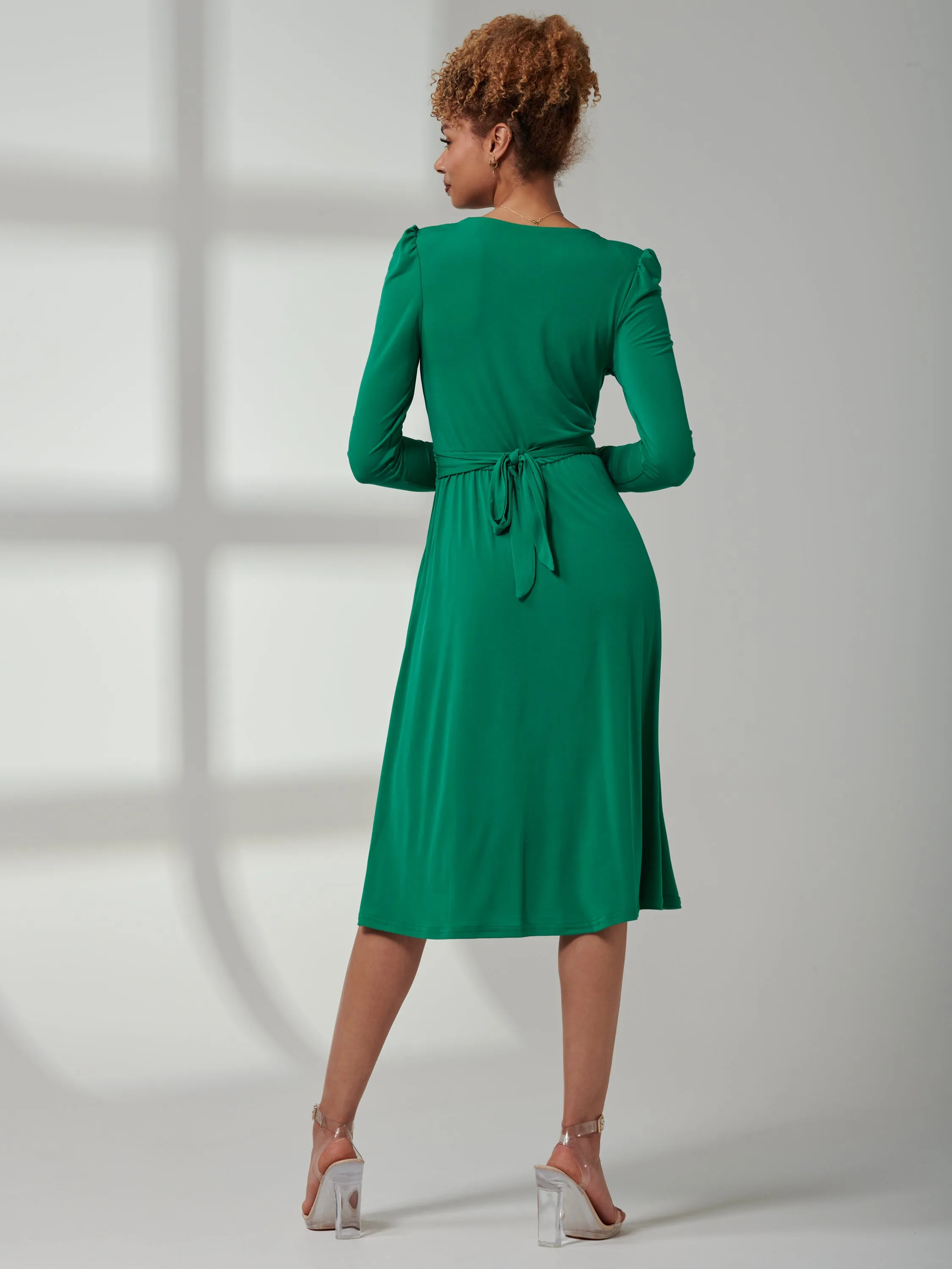 Plain Long Sleeve Jersey Midi Dress, Green