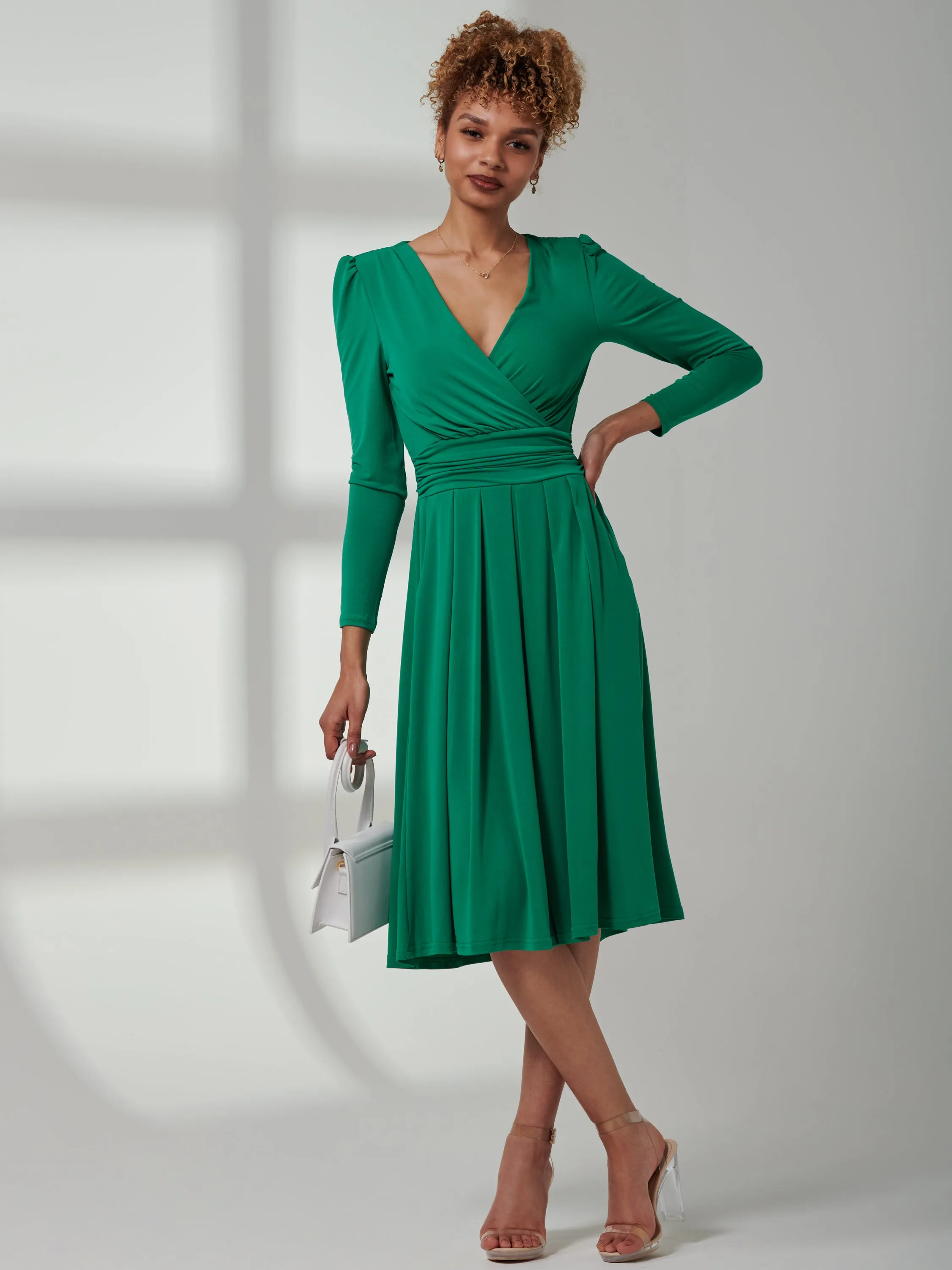 Plain Long Sleeve Jersey Midi Dress, Green